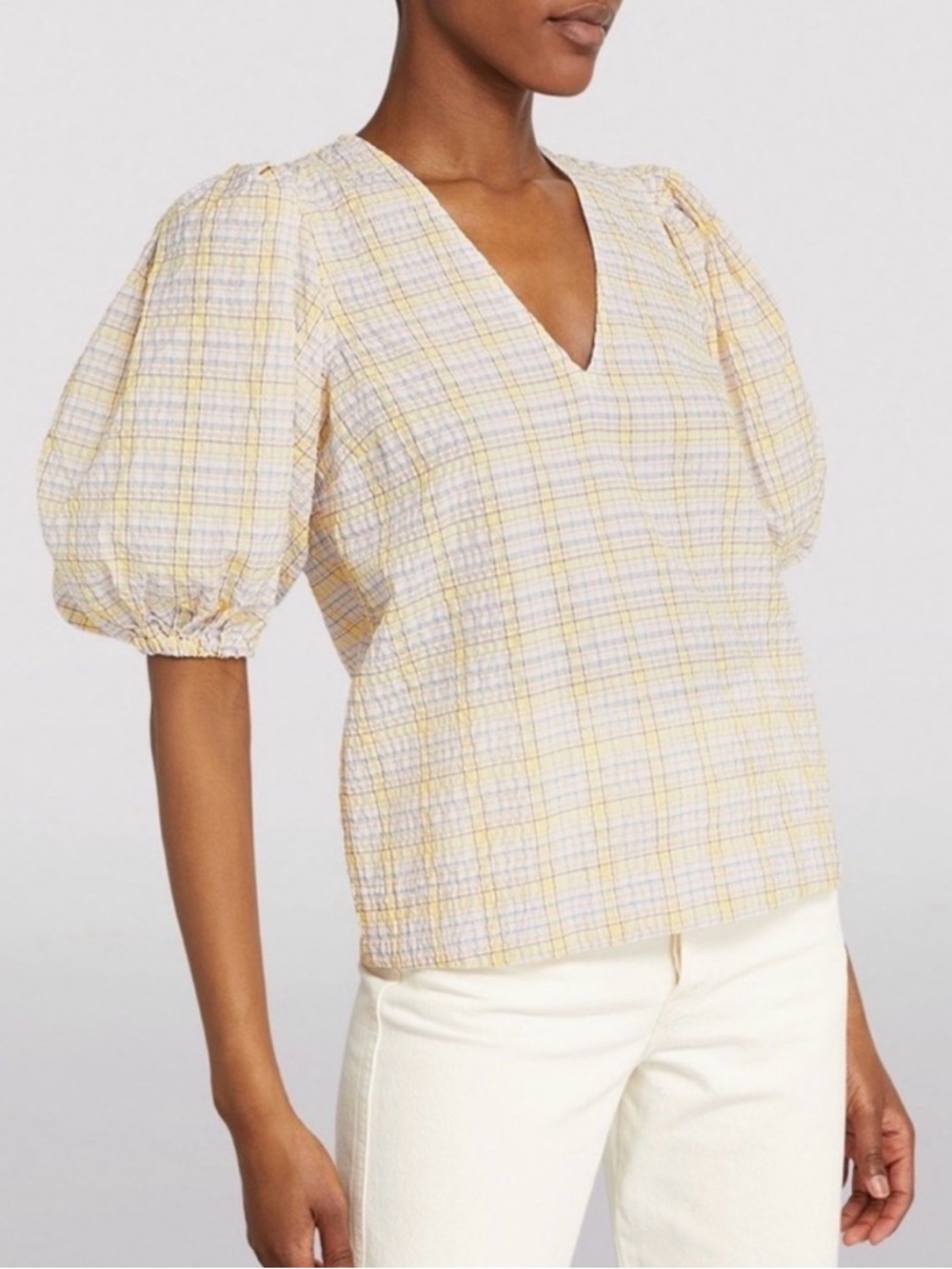 GANNI Lavender & Yellow Plaid V-Neck Puff Sleeve Top